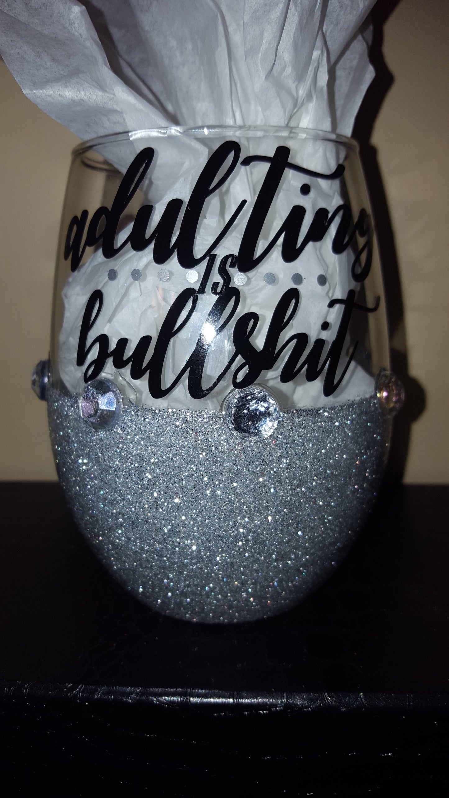 "Adulting Is Bullshit" Candy Coated Bling StemLess Sipper