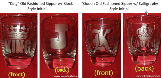 Etch'd "King" or "Queen" Old Fashioned Sipper Personalized w/Initial